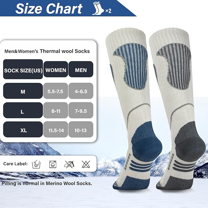 Merino Wool Ski Socks 2 Pairs, Thermal Knee High Warm Socks for Snowboarding, Hiking, Cold Weather, Snow, Hunting
