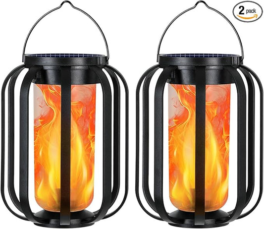 Solar Lantern Outdoor Lights, 2 Pack Waterproof Solar Powered Lanterns with Flickering Flame, Hanging Lantern Decorative for Outside, Solar Powered Outdoor Lights for Yard Garden Patio Table Decor