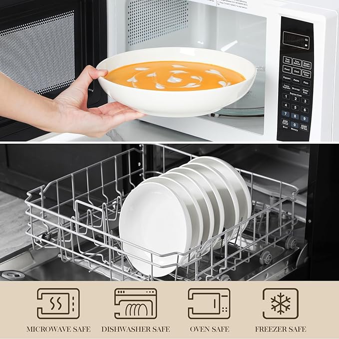 MALACASA 8.85" Large Pasta Bowls, 42 OZ White Salad Bowls Soup Bowls, Porcelain Serving Bowls Set of 6, Large Kitchen Bowl Plates Pasta Plates, Microwave & Dishwasher Safe, Series REGULAR