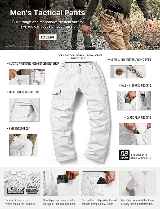 CQR Men's Tactical Pants, Water Resistant Ripstop Cargo Pants, Lightweight EDC Work Hiking Pants, Outdoor Apparel