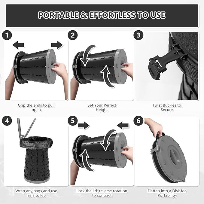 Camping Toilet Retractable Portable for Adults Kids, Adjustable Height Potty with Lid Foldable Design for Hiking, Car Travel, Truck, RV, Boating, Road Trips, Beach (Grey)