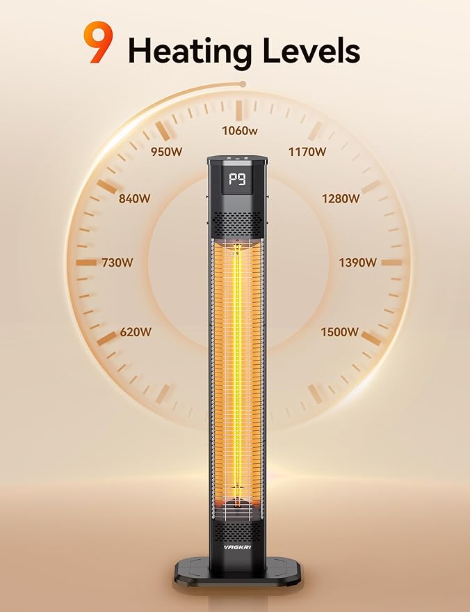 VAGKRI 42" 1500W Electric Outdoor Infrared Heater with Remote, 9 Heat Levels, 24H Timer, 1S Fast Heating, IPX5 Waterproof Tower Space Heater for Home, Office, Patio, Garage