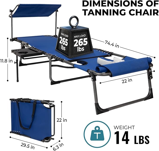 FUNDANGO 4 in 1 Tanning Chair with Face Hole, Beach Lounge Chair w/Canopy Shade & Side Table Chaise Lounge Chairs for Patio, Pool, Lawn, Sunbathing, 5-Position Adjustable Sun Lounger, Set of 2 Blue