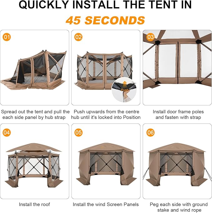 COBlZl 12x12 pop up Gazebo on Clearance Screen Canopy Tent for Camping,Outdoor Instant Stargazing Gazebo,Portable Hub Tent with Removable Sidewalls,Pavilion for Backyard,Khaki