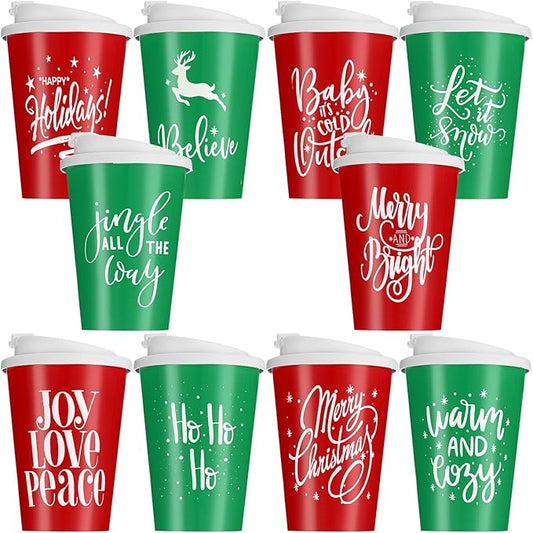 Sliner 10 Pcs Christmas Reusable Coffee Cups with Lids Bulk 12 oz Christmas Plastic Cup Gifts Xmas Drinks Tumblers with Snowflake for Coworkers Family Winter Party Favors (Red,Green)