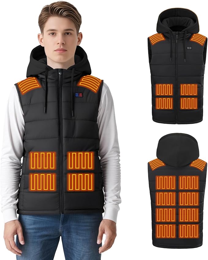 Heated Vest for Men, 14 Heating Zones, Dual Control Electric Heated Vest with Detachable Hood, Battery Not Included