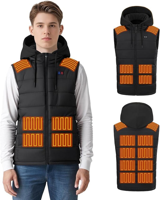 Heated Vest for Men, 14 Heating Zones, Dual Control Electric Heated Vest with Detachable Hood, Battery Not Included