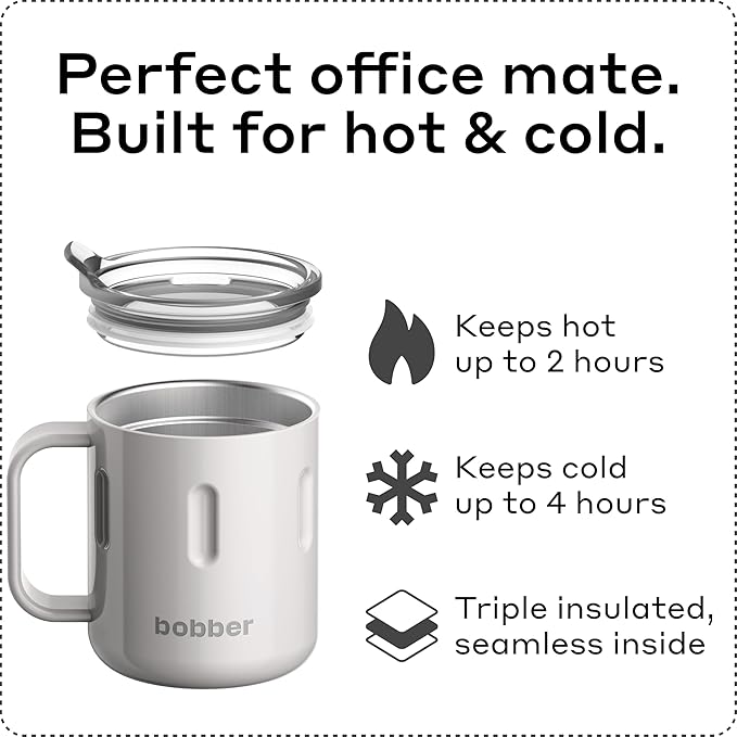 BOBBER 10 oz Insulated Coffee Mug with Handle & Lid – Stainless Steel Coffee Travel Mug – Triple Walled Metal Cup for Hot Drinks, Ideal for Men & Women, Work & Travel (Sand Grey)