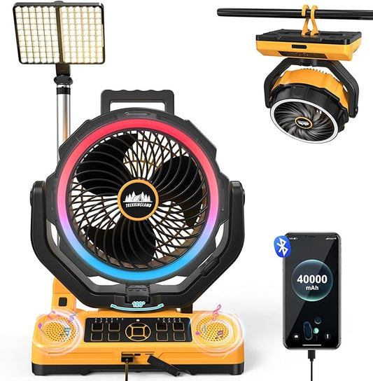40000mAh Rechargeable Camping Fan for tents With Bluetooth Speaker, Multi-colored LED Light, 6 wind Speeds, 8h Timer, 120° Auto Oscillating Battery Operated Fan for Camping With Fast Charge Adapter