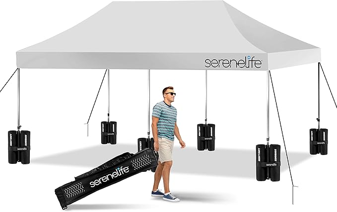 SereneLife Pop Up Canopy Tent 10x20 - Commercial Instant Shelter Foldable/Collapsible Sun Shade Pop Up Tent w/Waterproof Tent Top, Portable Carry Bag & Sand Bag - SereneLife SLGZ20W (White)