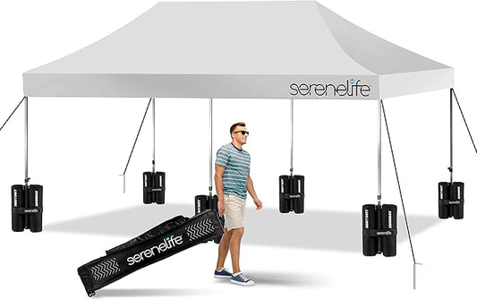SereneLife Pop Up Canopy Tent 10x20 - Commercial Instant Shelter Foldable/Collapsible Sun Shade Pop Up Tent w/Waterproof Tent Top, Portable Carry Bag & Sand Bag - SereneLife SLGZ20W (White)