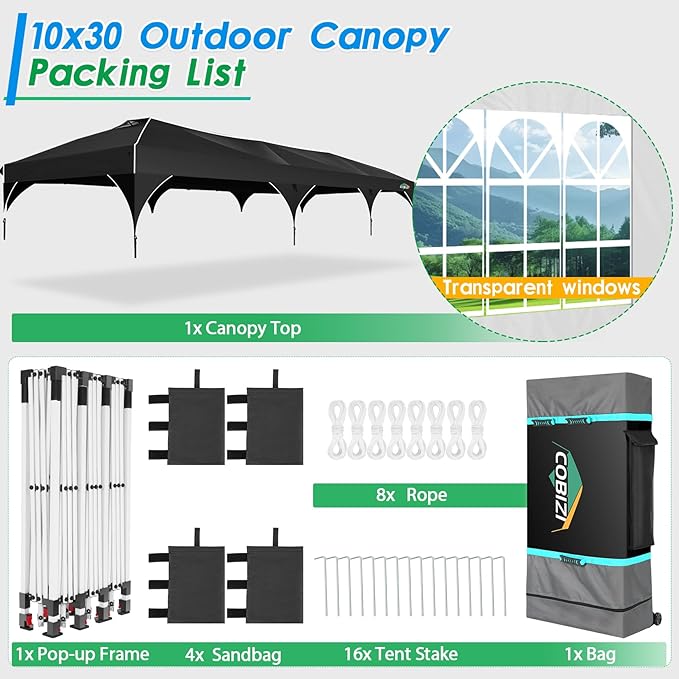 COBIZI 10X30 Party Tent 10x30 Pop Up Canopy Tent for Parties with Wheeled Bag|Push Center Lock & 5 Sidewalls|Waterproof & UPF50+|Gazebo Outdoor Canopy for Wedding,BBQ with 8 Stakes & 16 Ropes,Black