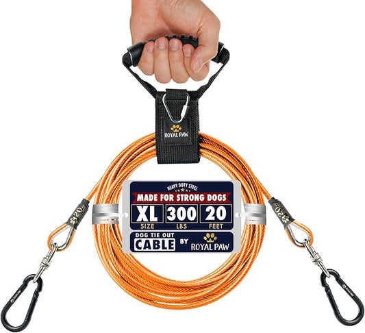 Dog Tie Out Cable - Tie Out Cable for Dogs (up to 300 lbs) - Use Dog Tie-Outs & Stakes for Outside - Best Heavy Duty Dog Leash for Large Dogs (20ft - Royal Orange)