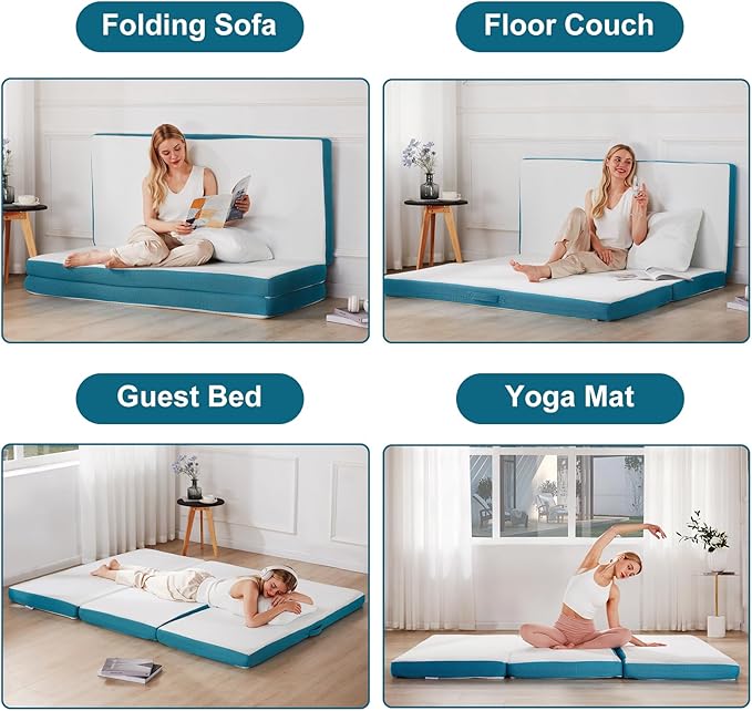 SINWEEK Memory Foam Folding Mattress, 4 Inch Foldable Trifold Mattress Topper, CertiPUR-US Certified Guest Bed with Cooling Cover & Waterproof Lining