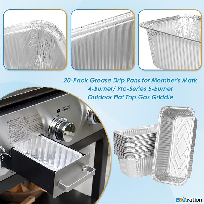 20-Pack Aluminum Drip Liner for Members Mark Grill Parts, Grease Catcher Drip Liner for Member's Mark 4-Burner Outdoor Flat Top Griddle and Pro Series 5-Burner Griddle Grease Tray