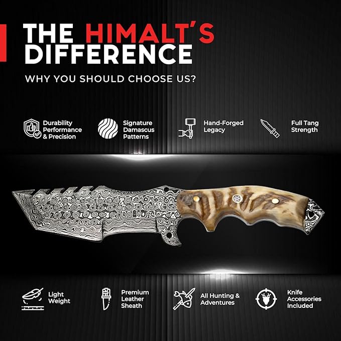 10.5” Damascus knife-Fixed Blade Hunting Knife with Sheath-Ram Horn Handle-Bushcraft, Survival & Camping knife- Ideal For EDC, skinning, Camping, Outdoor-Best Hunting Knives for Men