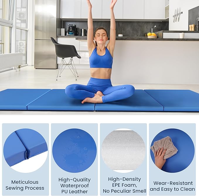 Folding Exercise Gymnastics Mat 10'x4'x2" Gym Workout Mat with Carrying Handles High-Density Anti-Tear Portable Fitness Aerobics Mats for Home Gym Yoga Pilates Tumbling MMA Core Training, Multiple Colors