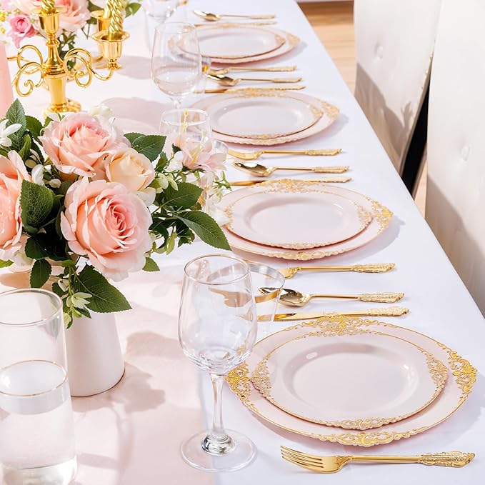 Nervure 100PCS Pink and Gold Plastic Plates - 10.25Inch Pink Disposable Plates - Plastic Dinner Plate for Weddings & Parties & New Year