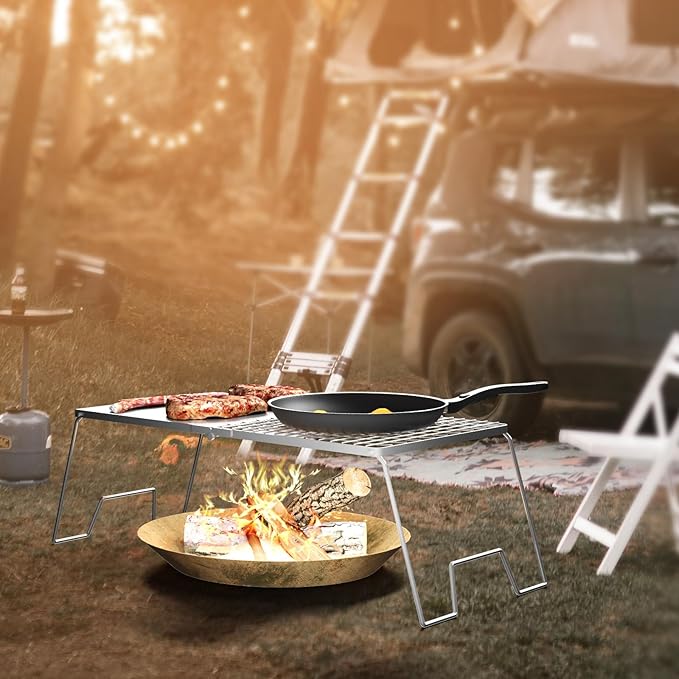 24'' Folding Campfire Grill Grate, Heavy Duty Campfire Cooking Equipment For Compact Storage, Portable Camping Grates Over Fire Pit, Outdoor Campfire Grill And Griddle For Versatile Cooking