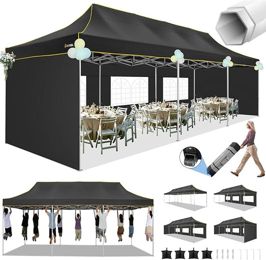 HOTEEL Tents for Parties 10x30 Heavy Duty Pop Up Canopy Tent with 5 Sidewalls&Wheeled Bag, Commercial Event Party Tent Wedding Instant Canopy Waterproof, UV 50+, Upgraded Thicked Hexagonal Legs, Black