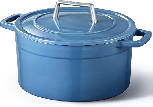CAROTE Cast Iron Dutch Oven Pot with Lid, Enameled Dutch Oven for Sourdough Bread Baking, Dual Handles, Heavy-Duty Cast Iron Pot, 5QT, Blue