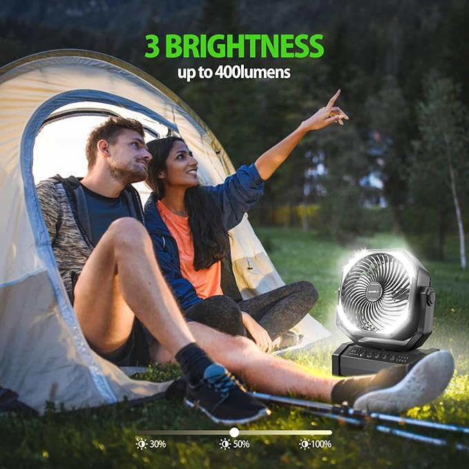 20000mAh Rechargeable Camping Fan - Battery Operated Fan with Light & Remote, Auto Oscillating, 4 Timer, 60 Hrs Work Cordless Tent Fan for Travel Outdoor RV Garage Power Outage Emergency