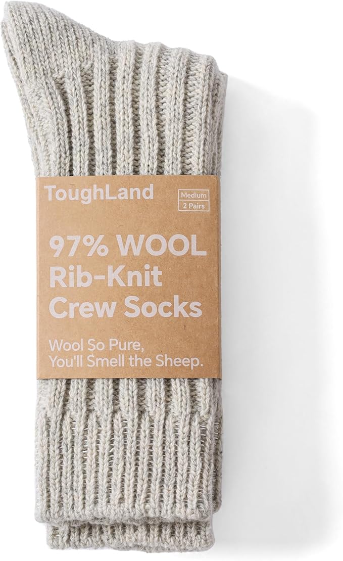 Tough Land 97% Merino Wool Crew Socks for Men & Women 2 Pairs – Classic Rib, Thick Wool Socks for Hiking, Work, Ski