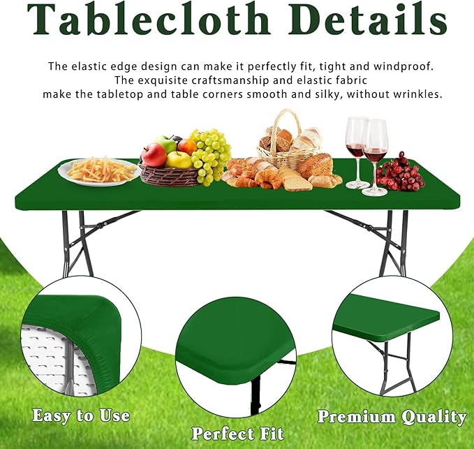 6 Pack Picnic Fitted Table Cover for 6 Foot Tablecloth for Rectangle Tables Waterproof Stretch Washable Folding Indoor and Outdoor Spandex Table Cloth for Camping Banquet and Parties (Green,30" x 72")