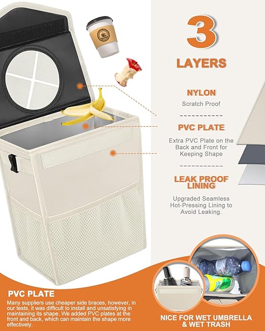 Car Trash Can with Lid, Cute Leakproof Car Trash Garbage Bag Hanging Vehicle Trash Bin Small Portable Automotive Garbage Cans Organizer for Back/Front Seat/Console(2.8 Gallons,Beige