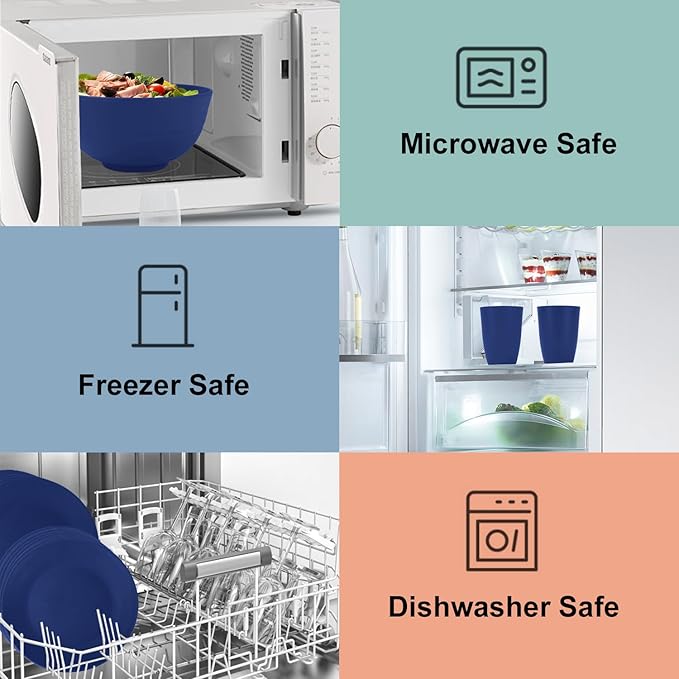 40 Pieces Wheat Straw Dinnerware Sets Service for 8, Plates and Bowls Sets, Dinner Plates, Cereal Bowls and Drinking Cups, Unbreakable and Reusable Plastic Dinnerware Sets (Dark Blue)