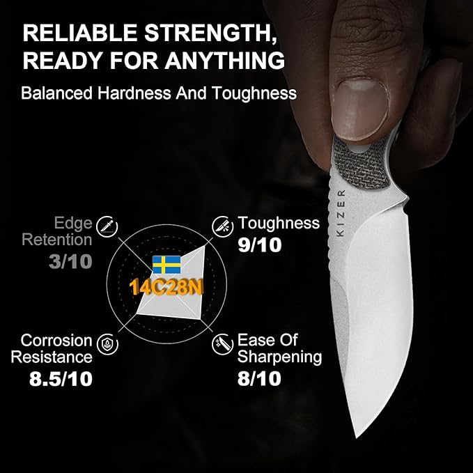 Kizer Buddy Fixed Blade Knife, 3" 14C28N Steel Camping Knife with Black Micarta Handle, Compact EDC Fixed Blade Knives with Sheath for Hiking & Camping 1081A8