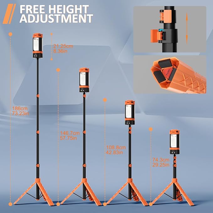 Rechargeable Camping Light with Stand 73" Magnet Work Light Cordless, with 3 Page Head, 2500LM 12000MAH, Hooks & Carrying Bag, Job Site Workshop Outside Orange