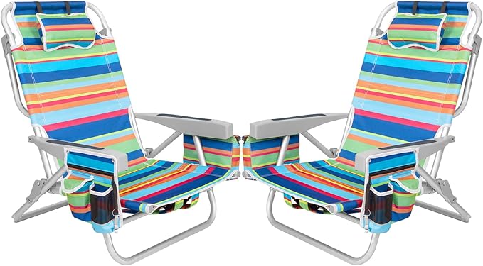 2Pk Aluminum 5-Position Lay Flat Folding Backpack Beach Chairs for Adults with Cooler Bag, Cup&Phone Holder, Towel Bar for Outdoor Lawn Picnic Sport, Portable Foldable Camping Chairs, Multi Stripes