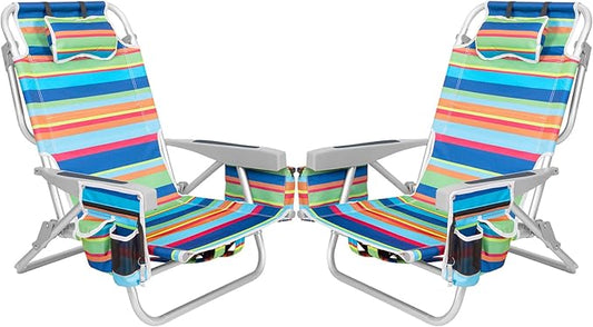 2Pk Aluminum 5-Position Lay Flat Folding Backpack Beach Chairs for Adults with Cooler Bag, Cup&Phone Holder, Towel Bar for Outdoor Lawn Picnic Sport, Portable Foldable Camping Chairs, Multi Stripes