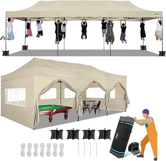 COBIZI 10x30 Heavy Duty Pop up Canopy with 8 sidewalls Stable Wedding Outdoor Tents for Parties Canopy Pop Up Party Tent UPF 50+ Waterproof Commercial Gazebo with Roller Bag, Khaki(Windproof Upgraded)