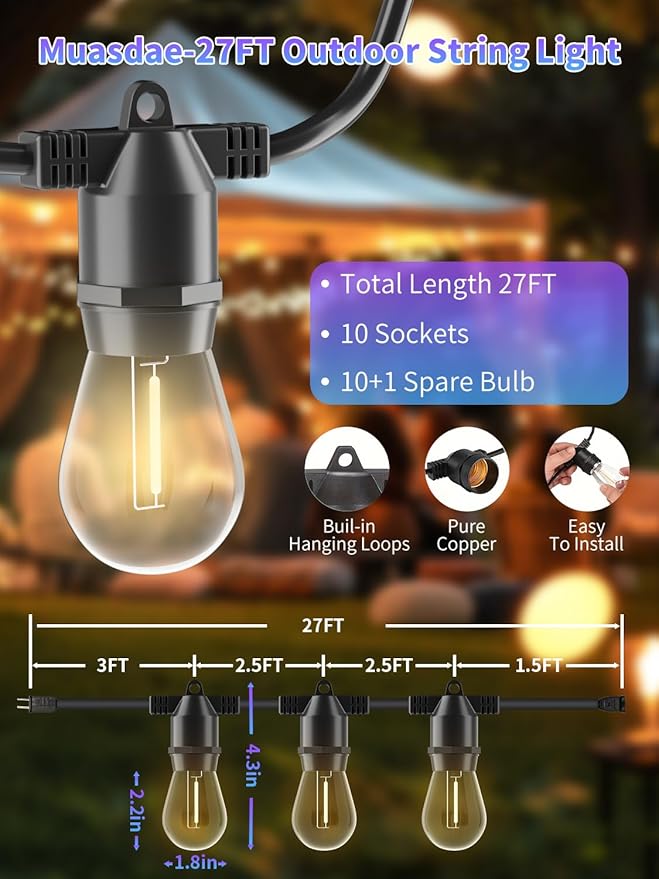 27Ft Led Outdoor String Lights,Patio Lights, S14 Edison Shatterproof Bulbs,for Patio Backyard Cafe Porch Garden Bistro Party Wedding Decoration (2 Pack)