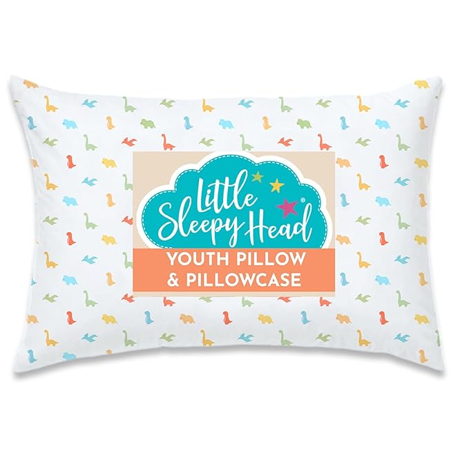 LittleSleepy Head Youth Pillow with Pillowcase 16x22, Soft Jumbo Toddler Pillow & Hypoallergenic Pillowcase - Best Kids Pillows for Sleeping, Perfect Kids Travel Pillow (Little Dinos)
