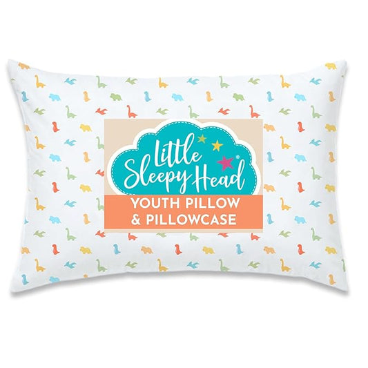 LittleSleepy Head Youth Pillow with Pillowcase 16x22, Soft Jumbo Toddler Pillow & Hypoallergenic Pillowcase - Best Kids Pillows for Sleeping, Perfect Kids Travel Pillow (Little Dinos)