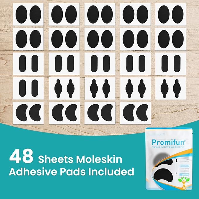 Moleskin Strips with Adhesive Blister Prevention Pads Mole Skin Tape Stickers for Feet Heel Shoes Padding-48 Sheets of 4 Shapes，Black