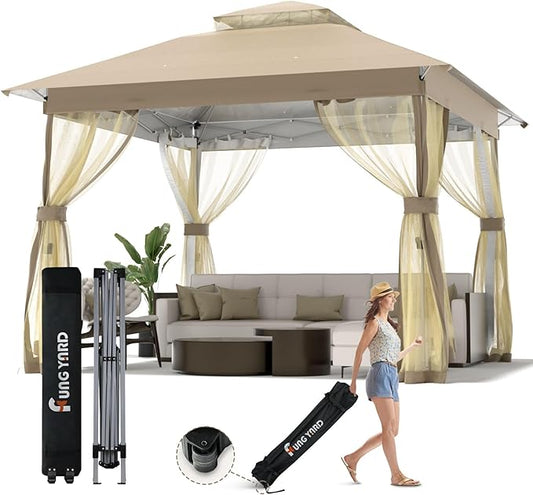 Pop Up Gazebo 11x11 - Outdoor Canopy Tent with Mosquito Netting & Wheeled Carry Bag, Double Roof Gazebos for Backyard Party Garden Wedding Camping (Beige, 11x11)