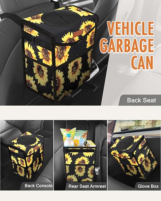 Car Trash Can with Lid, Cute Leakproof Car Trash Garbage Bag Hanging Vehicle Trash Bin Small Portable Automotive Garbage Cans Organizer for Back/Front Seat(Trapezoid,Black Sunflower