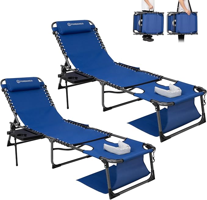 FUNDANGO 4 in 1 Tanning Chair with Face Hole, Beach Lounge Chair w/Canopy Shade & Side Table Chaise Lounge Chairs for Patio, Pool, Lawn, Sunbathing, 5-Position Adjustable Sun Lounger, Set of 2 Blue