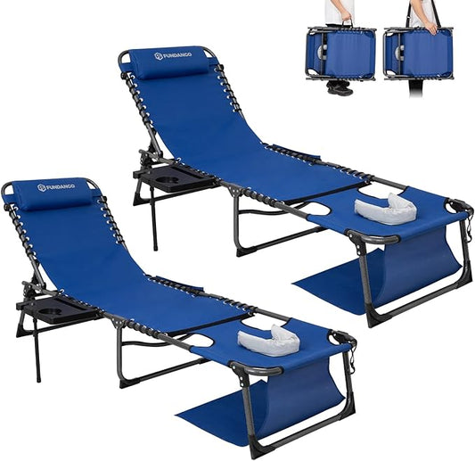 FUNDANGO 4 in 1 Tanning Chair with Face Hole, Beach Lounge Chair w/Canopy Shade & Side Table Chaise Lounge Chairs for Patio, Pool, Lawn, Sunbathing, 5-Position Adjustable Sun Lounger, Set of 2 Blue