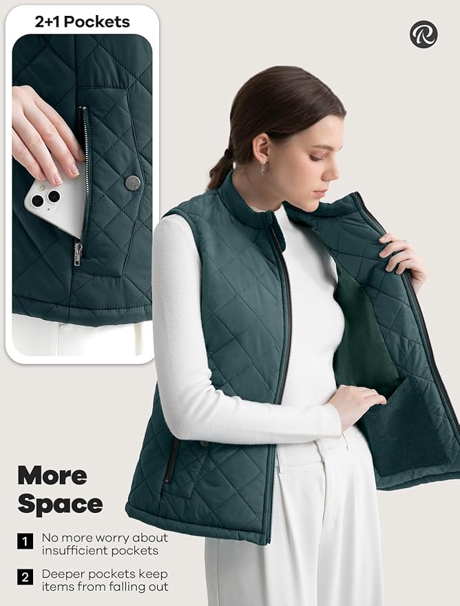 Women's Vest, Quilted Puffer Water-Resistant Zip With Pockets