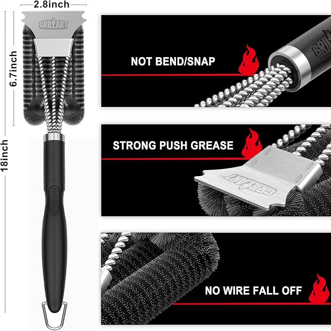 GRILLART Grill Brush and Scraper, Extra Strong BBQ Cleaner Accessories, Safe Wire Bristles Barbecue Triple Scrubbers Cleaning Brush for Gas/Charcoal Grilling Grates, Wizard Tool BR-8115