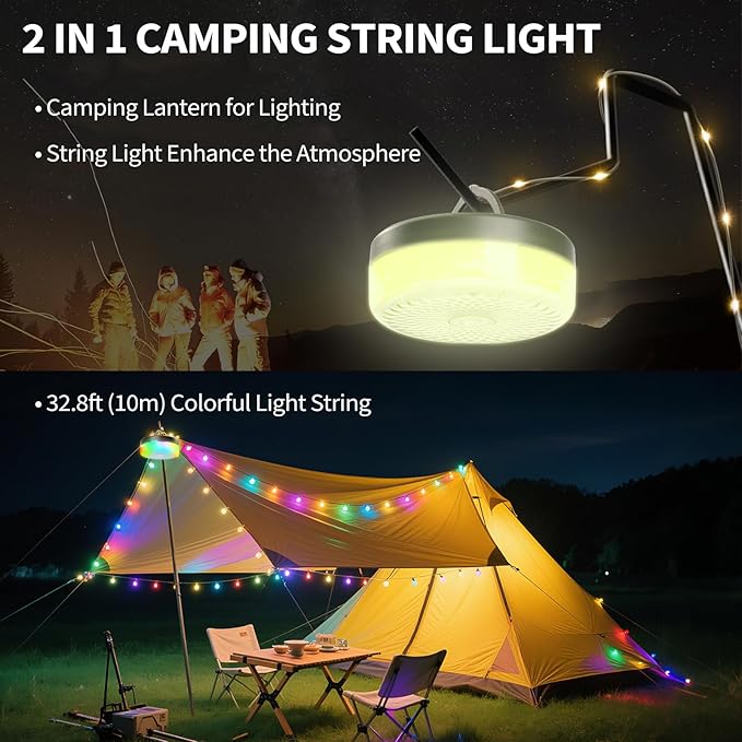 Camping String Lights, 4000mAh Rechargeable Tent Lights String with 13 Lighting Modes, 32.8ft Retractable Waterproof Camp Light, Outdoor Portable Camping Lights for Tent, Travel, Garden Decoration