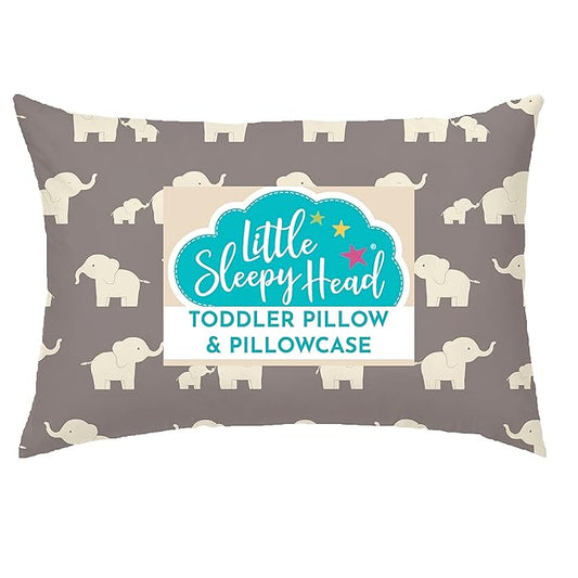 Little Sleepy Head Toddler Pillow with Pillowcase 13x18 - Kids Pillow for Sleeping - Better Neck Support Ergonomic Pillow and Toddler Pillowcase - Best Pillows for Kids (Elephant Gray)