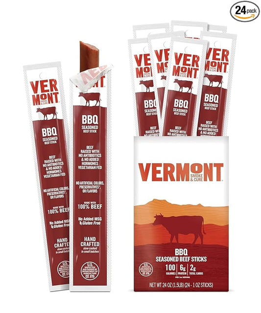 Snack Sticks by Vermont Smoke & Cure – BBQ Seasoned – Beef – Healthy Meat Protein – 1oz Jerky Stick – 24 count carton