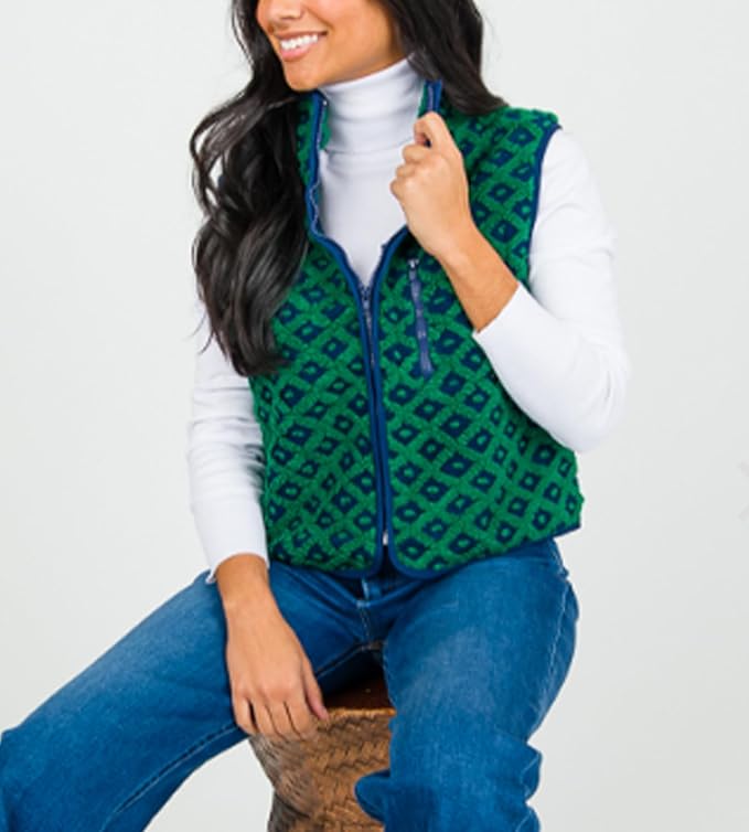 Colorful world Womens Checkered Sherpa Vest Fleece Jacket Lightweight Zip Up Sleeveless Crochet Plaid Gilet with Pocket