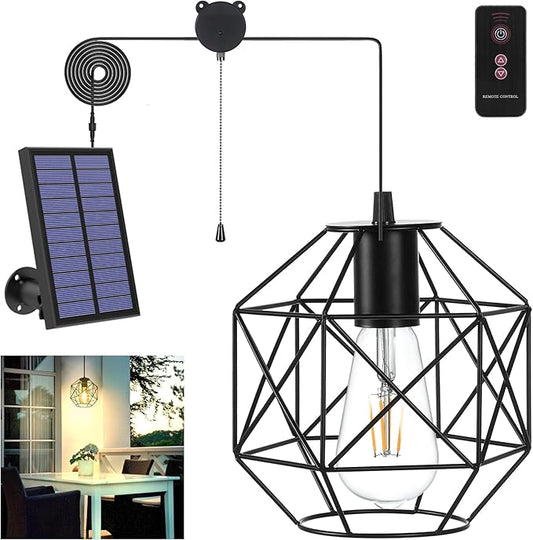 MEIHONG Solar Pendant Lights Outdoor, Waterproof Metal Solar Hanging Lights, Gazebo Lights, Indoor/Outdoor Lights with Pull Cord for Home Shed Barn Garage Storage